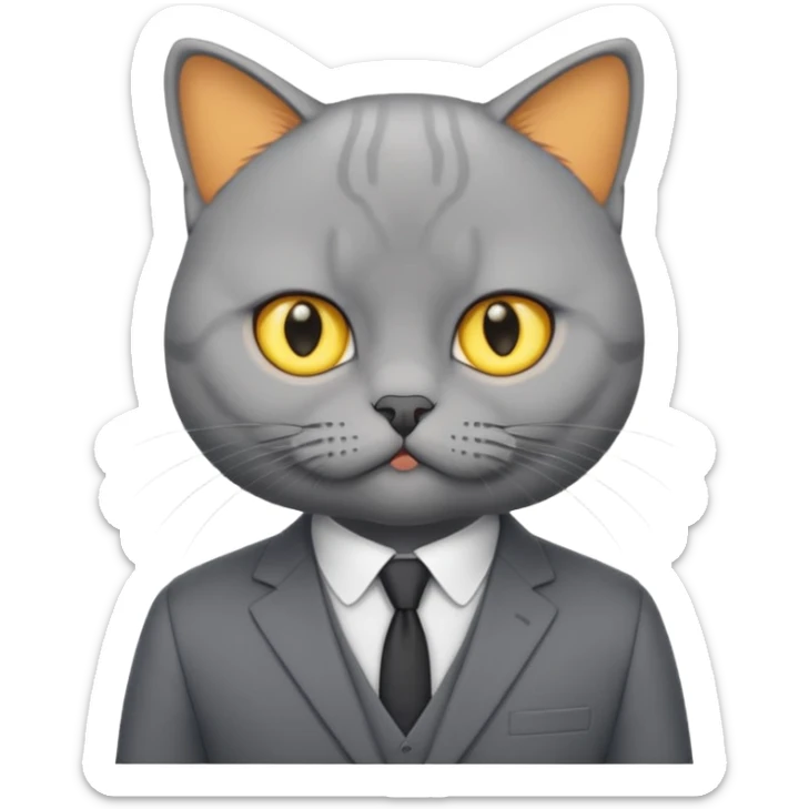 British Shorthair with yellow eyes wears gray suit attends a press conference. sticker