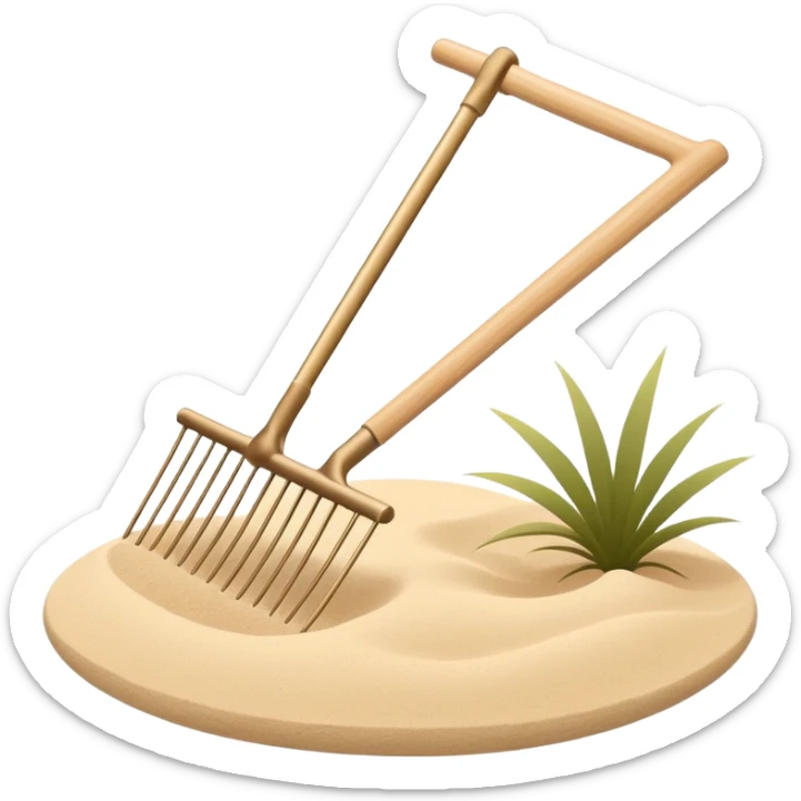 Minimalist emoji of a Japanese zen garden rake, elegant thin lines, light wood tone, sand-beige palette, flat vector style, calm and balanced aesthetic, inspired by zen tranquility, transparent background, premium minimal design sticker