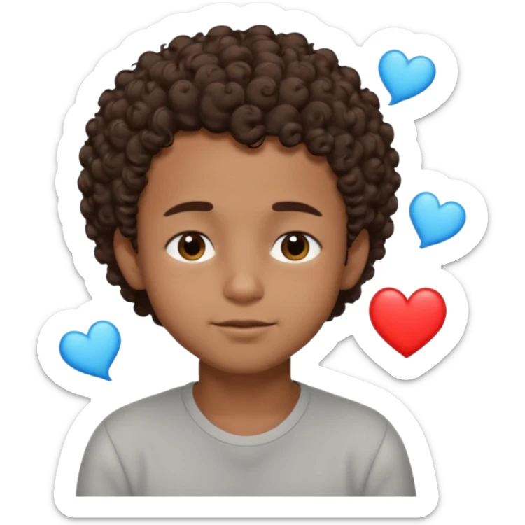 Brown boy with short curly hair dreaming abouthis girlfriend small smirk on his face eyes closed with a little heart next to him sticker