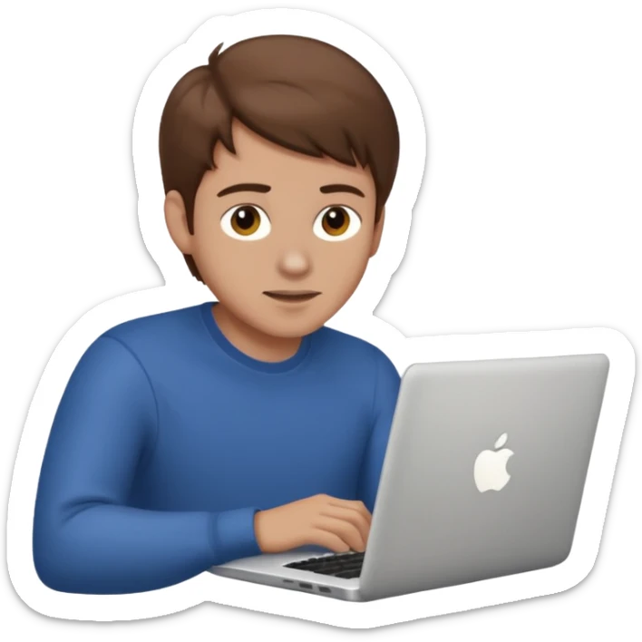 memoji of a man with a laptop in front, apple-style,modern,brown hair light skin ton and natural emotion sticker