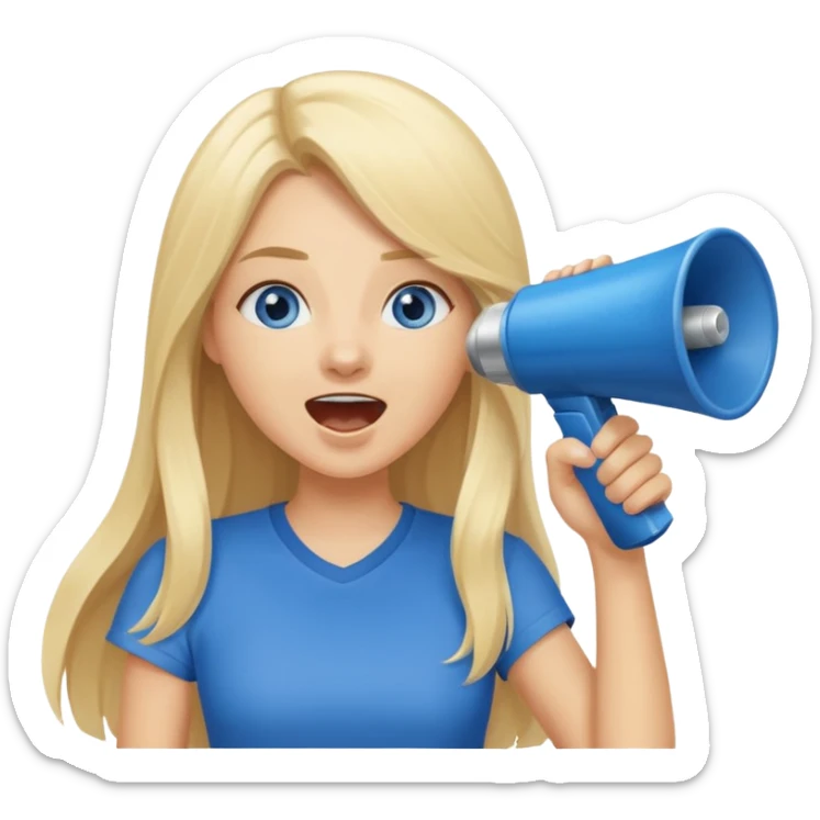  blue eyes blonde girl yelling into megaphone smiling long hair sticker