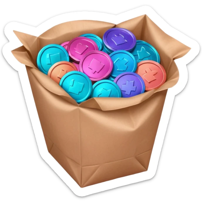coins in gradient of turquoise, blue, pink, purple, and coral color inside a brown bag sticker