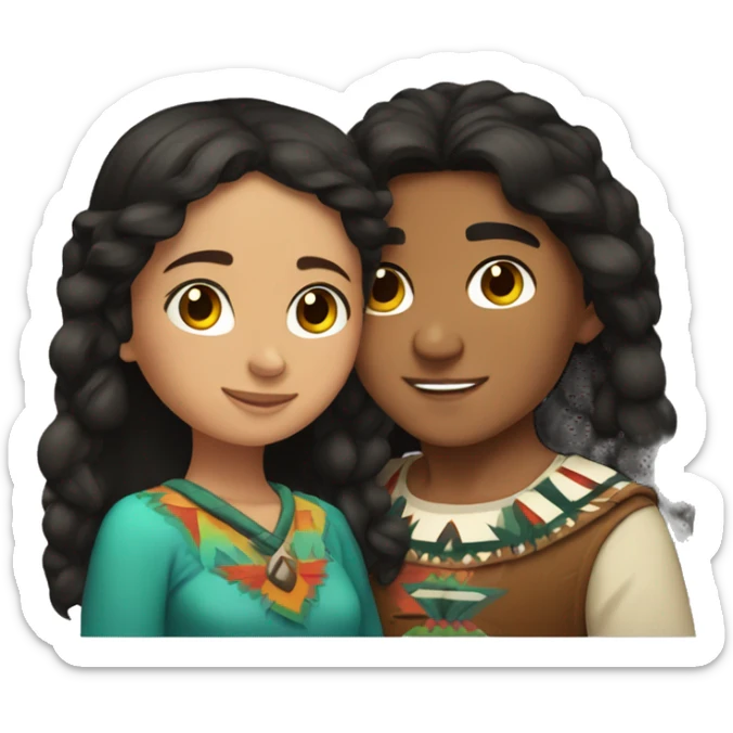 Native Americans girl with brown hair and Mexican boy with black curl hair cuddling sticker