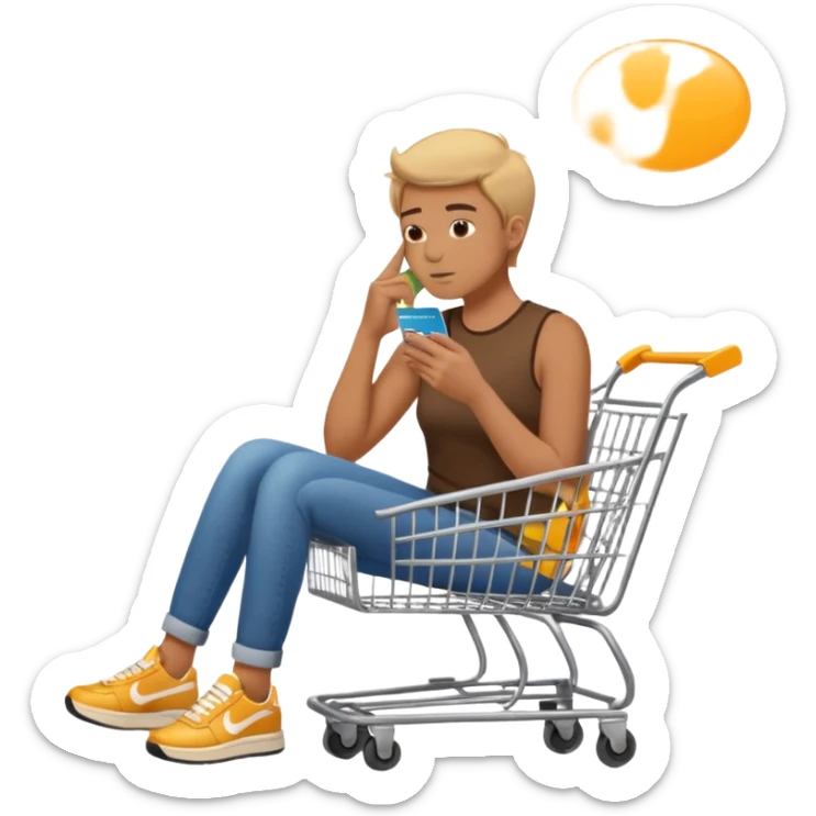 Emoji-style illustration of a person holding a credit card, hand on chin thinking. A thought bubble above the head showing clothes, sneakers, and a shopping cart, representing deciding whether to spend money. Clean, modern emoji style, bright colors, white or transparent background. sticker