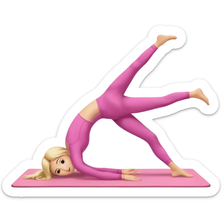 A fair-haired girl in a pink suit does a back bridge on a mat. two legs and a bridge to the other side.the feet are on the mat, the back is arched inward and the hands are stretched towards the legs sticker