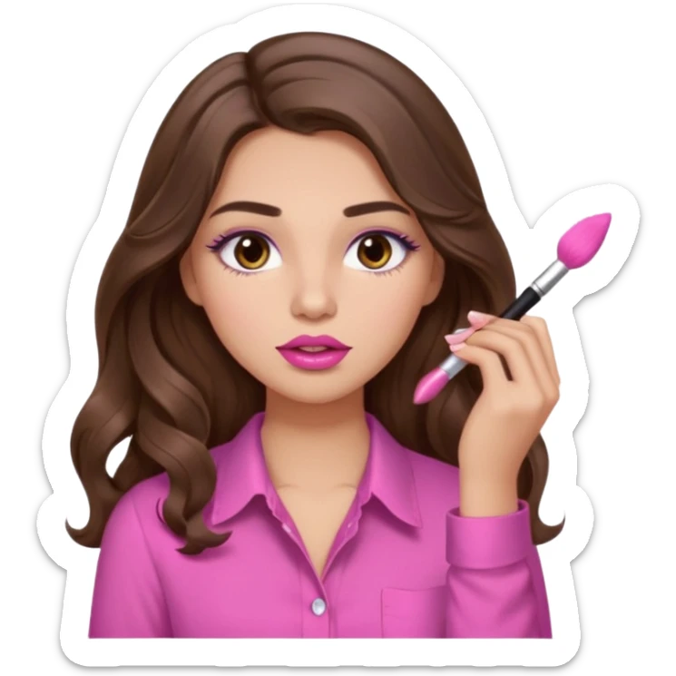 girl with long wavy brown hair, brown eyes, light to medium complexion, in a pink shirt, pink lips, long lashes, puckered lips, putting on makeup sticker