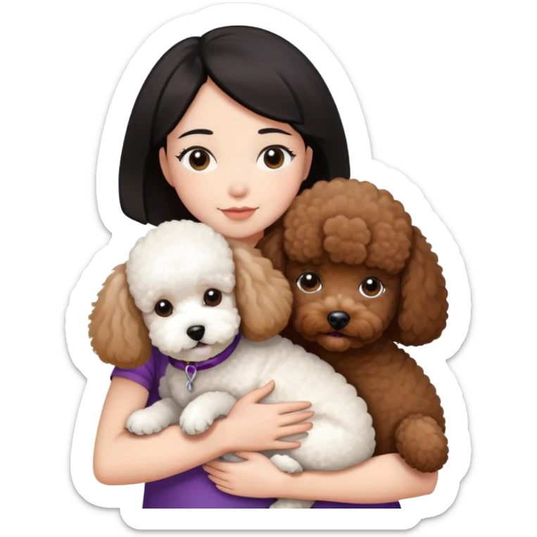 Woman with short black straight hair hugging a brown poodle and a white bichon frise sticker