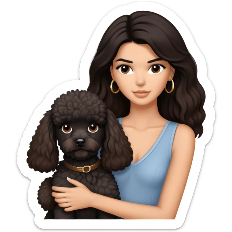 Kendall Jenner with long dark hair holding a brown poodle and a black schnauzer sticker