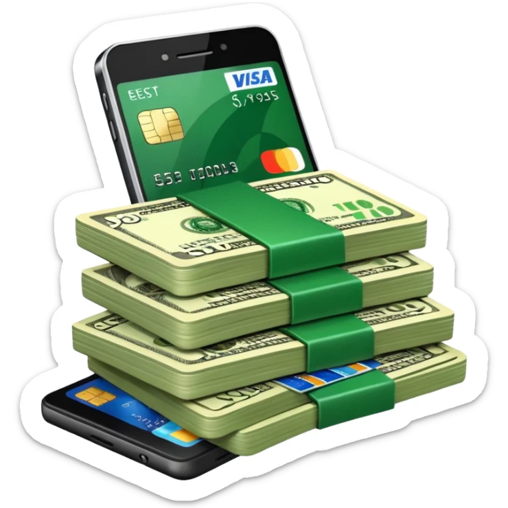 efectivo en dólares, un teléfono y unas tarjetas, todo con un estilo limpio, profesional y que transmita dinero y movimiento. sticker