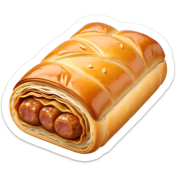 cinematic-realistic-sausage-roll-dish-emoji,-depicted-with-a-crisp,-golden-pastry-wrapped-around-flavorful-sausage,-rendered-with-detailed-textures-sitting ona.     plastic wrapper unrapped  sticker