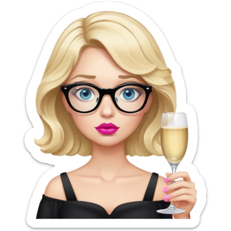Blonde woman with short wavy hair, blue eyes and pink lips wearing black glasses looking very drowsy holding a champagne glass  sticker