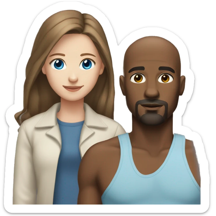 teenage girl long brown hair blue eyes with bald black man with brown eyes and a goatee sticker