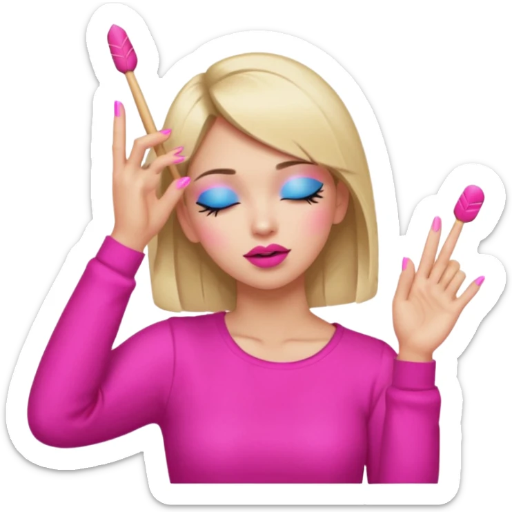 Yellow circle emoji sighing and drumming fingers up the side of their head the eye is closed it is a side profile pink lipstick and pink nails sticker