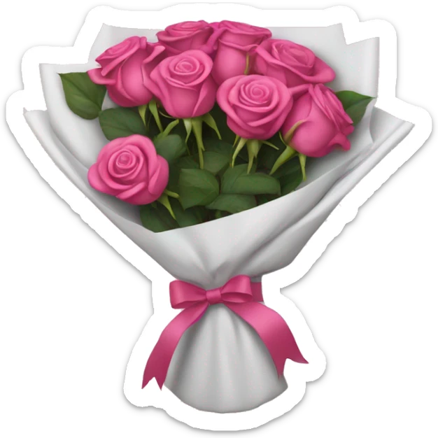 Dark pink bouquet of roses wrapped in white wrapping paper with pink bow sticker