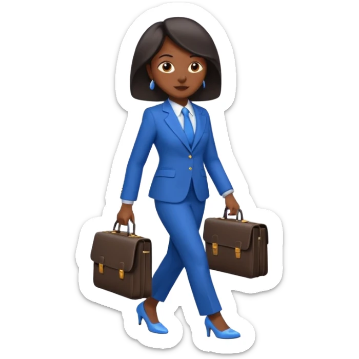 black woman in a blue smart suit and shoes, walking, briefcase in hand, emoji style sticker