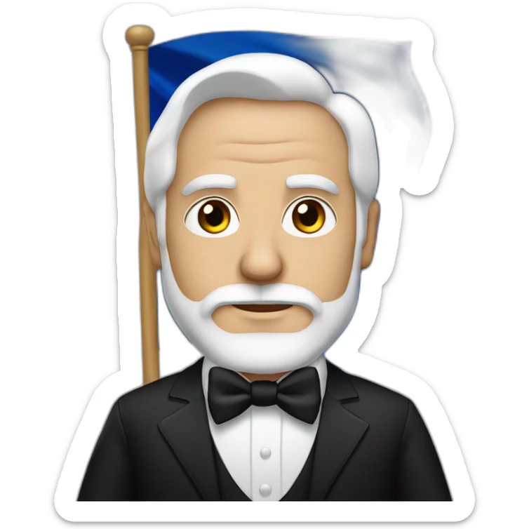 man with brown eyes, white hair and beard, dressed in black tuxedo carrying an armenian flag sticker