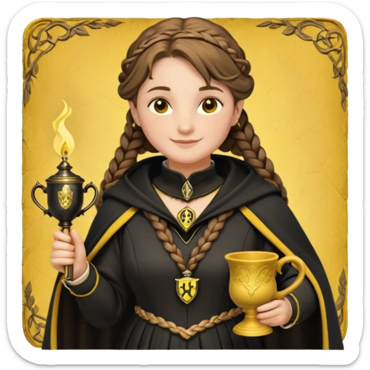 Helga Hufflepuff,the Hogwarts founder of Hufflepuff,brown-haired,2braids,yellow-black medieval dress with black cloak decorated with gold braiding,flickering magic wand and tiny two-handled shiny gold cup engraved with the badger silhouette,very kind smile,curvy busty sweet sticker