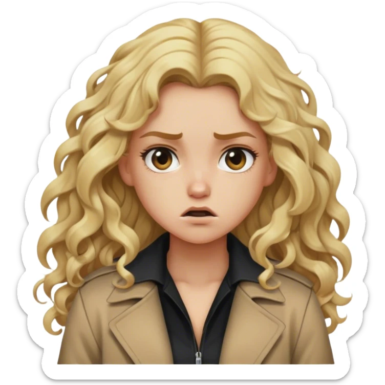 blonde girl long curley hair black shirt long tan jacket mad sticker