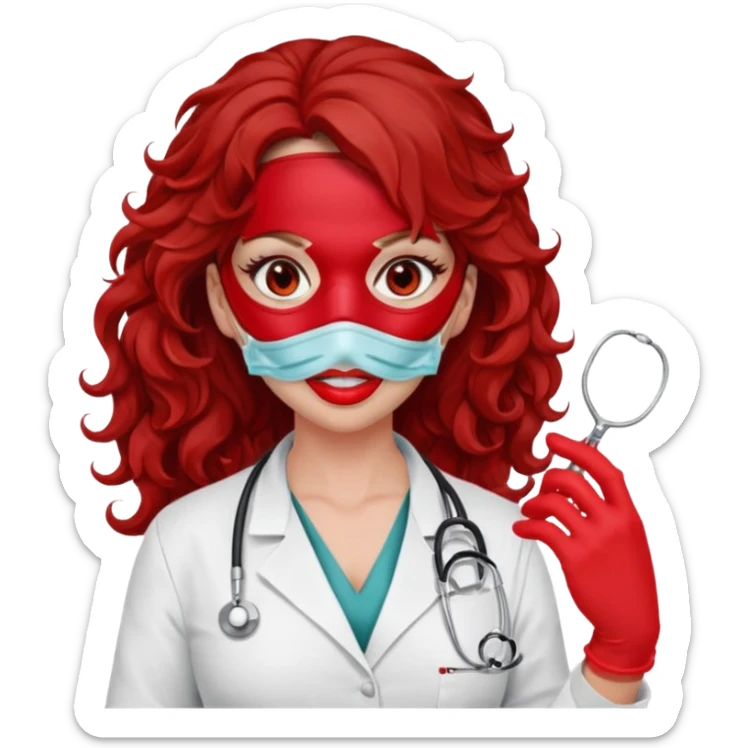Lilith scalpel in hand, evil surgeon sexy surgeon clothes.  She has red eyes.  Hair is long. Hair is brown and curly hair. Wears sexy doctor outfit with red gloves. Covers mouth and neck mask rec red sticker