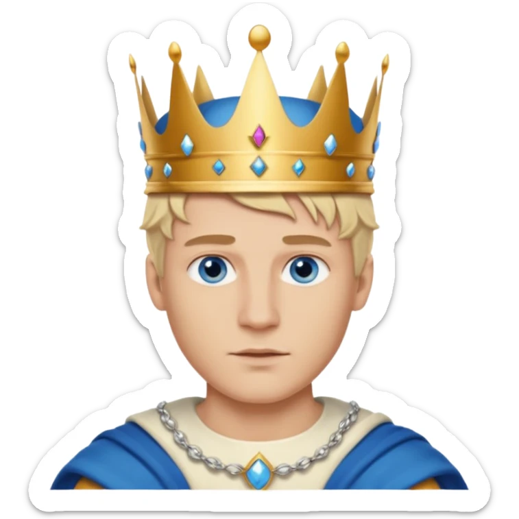 Man with blue eyes, blonde hair, and defined jawline wearing king crown sticker