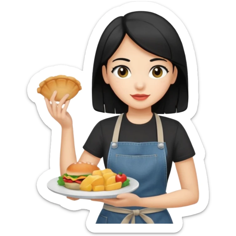 waitress with black hair and a food plate with a black tshirt and ª jeans apron sticker