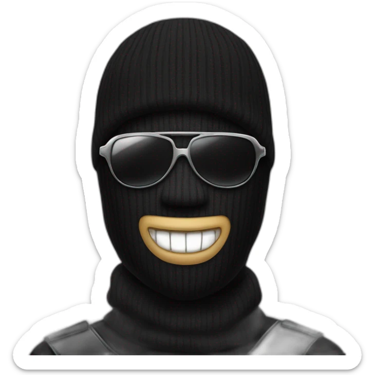 a man with a black balaclava in wooll, black sunglasses and silver grillz on teeth sticker