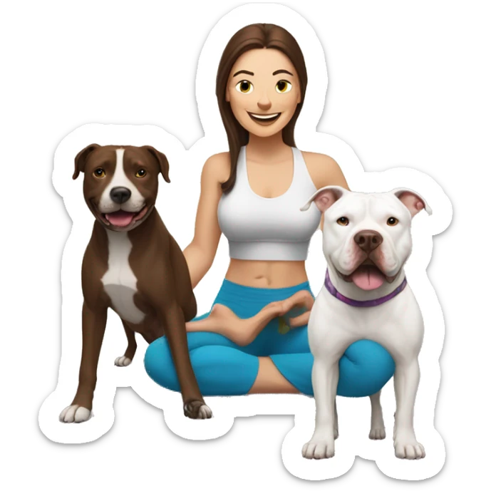 white woman with long dark brown hair expressing joy dressed in a yoga outfit alongside a pitbull dog sticker