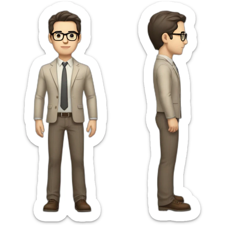 Full height Pale skinned fit man with dark brown hair in gray jacket, beige office shirt, brown tie, brown pants and vintage glasses. His right hand stretched out sticker