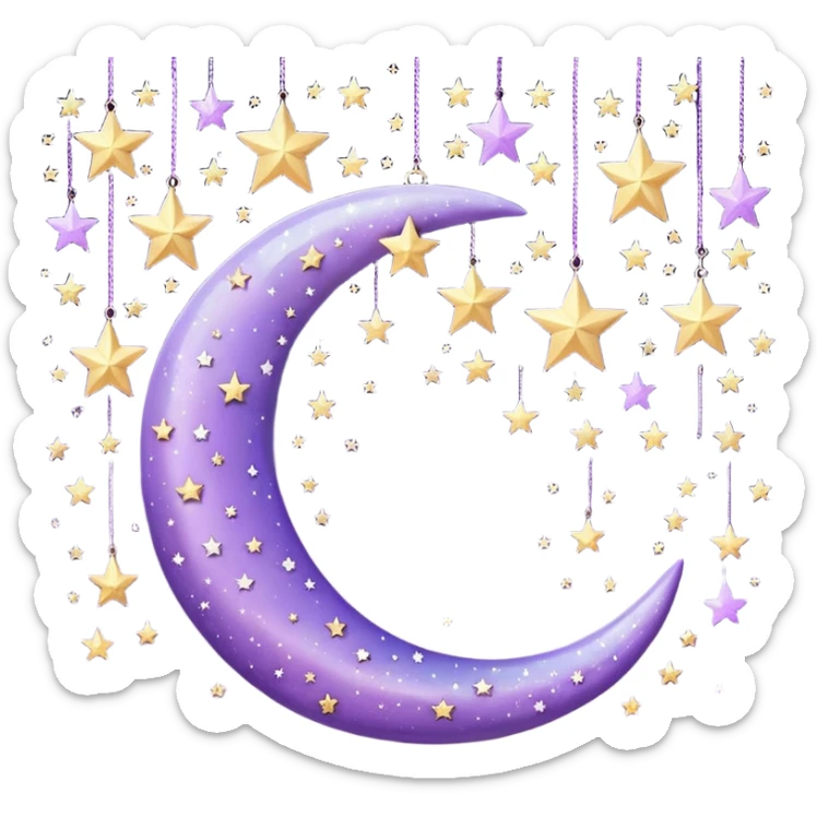 Beautiful sparkly glittery shiny pretty hanging pastel lilac lavender Violet crescent and stars scenery aesthetic decorations sticker