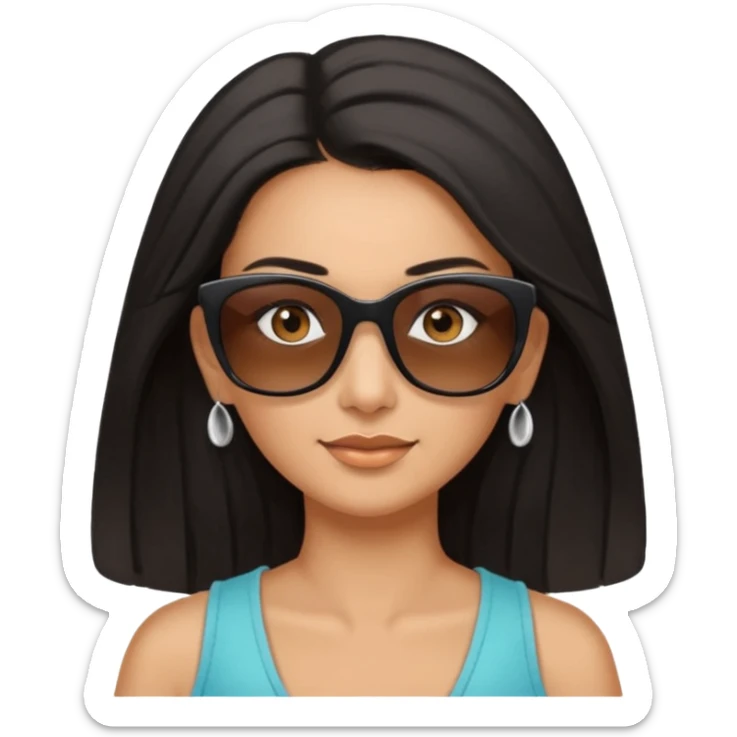 My Sexy wife with sunglasses, black hair, and awesomeness. She has some gray, she's super cute, and her sunglasses are on her head like she doesn't want to wear them. She has brown eyes and is just lovely. Her hair is down her back. No earrings. She is natural beauty. She 50. sticker