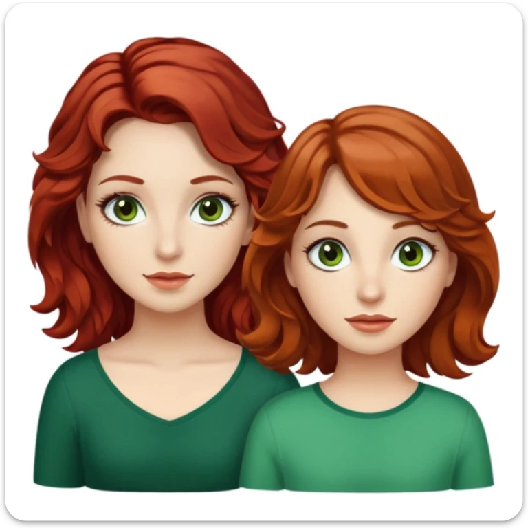 Two girls : one with red hair medium and wavy, brown eyes with long eyelashes and white skin. The other with wavy brown hair medium, green eyes with long eyelashes and tan  sticker