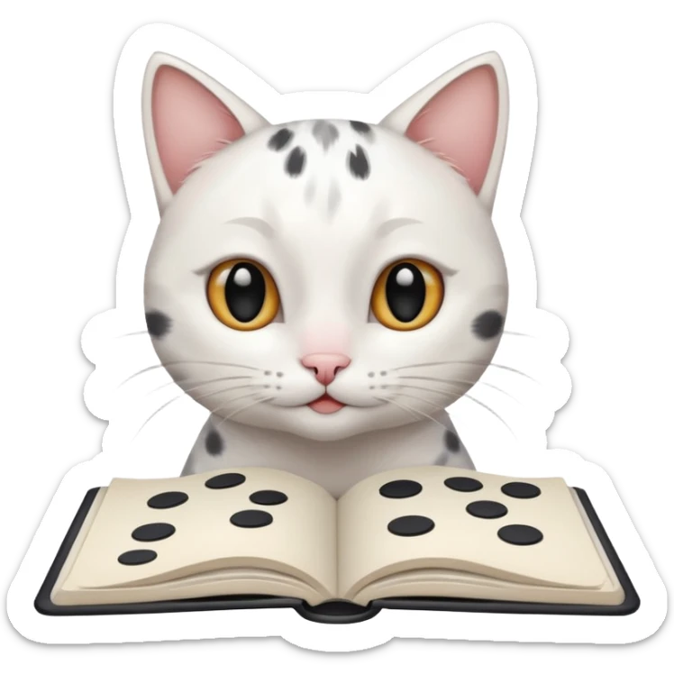 gatita blanca con manchas grandes negras en los ojos feliz en viendo una libreta con anillado sticker