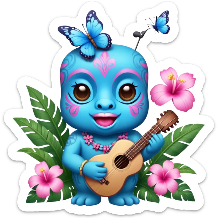 Pixar style little Blue and pink tiki singing with a butterfly and tropical flowers, ultra detailed and lifelike imagery, realistic sticker