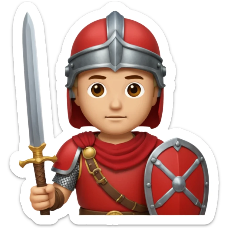 An emoji portrait of a Roman legionary soldier. He wears a helmet and a red tunic. His expression is stern and focused. He holds a short sword. sticker