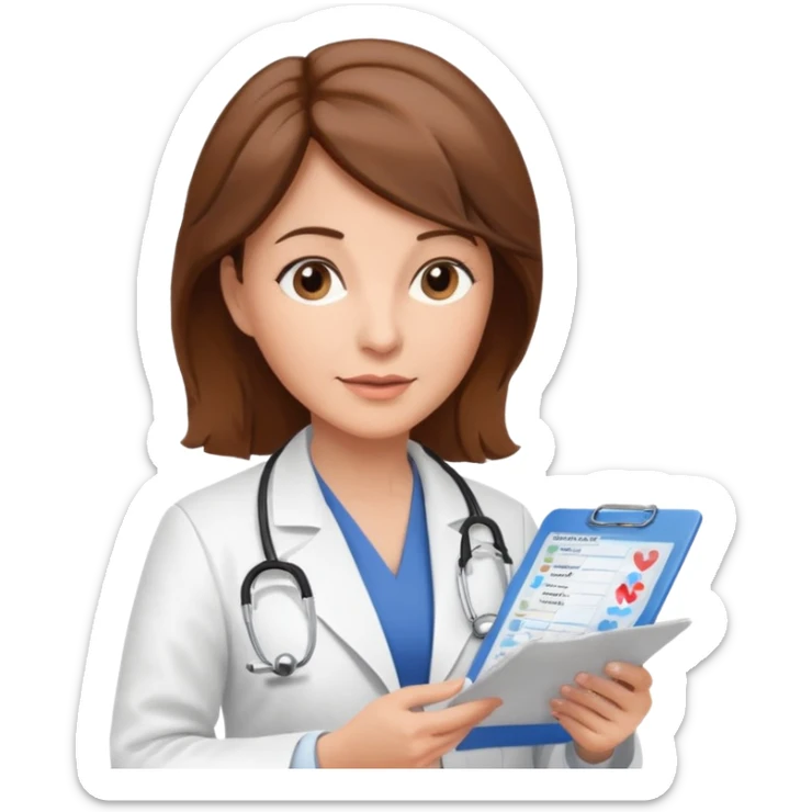 A female doctor in her 50s with brown hair reviewing a medical chart. sticker