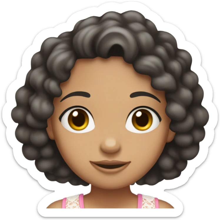 make a teenage girl emoji, mixed race, tan girl, dark grey almost black eye colour, long hair dark brown curls. Wearing a lace trim baby pink tank top with a small bow on shirt. One girl sticker