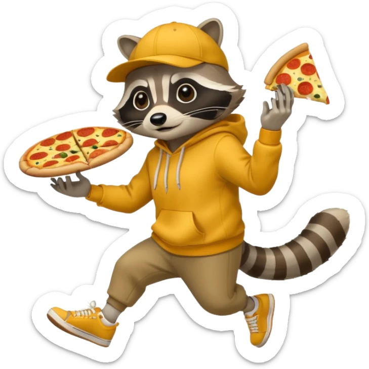 Crear ub mapache que sea solo dibujado con sudadera color mostaza y zapatillas + gorra que esté robando una pizza sticker