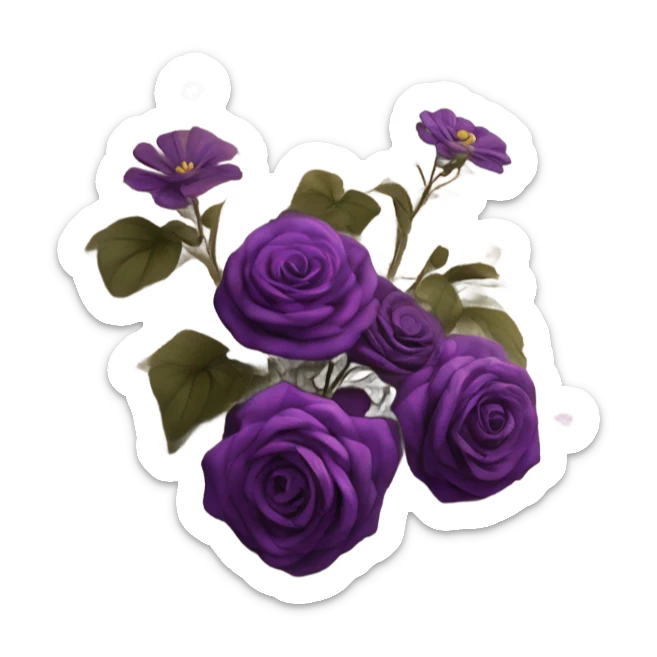 An aesthetic arrangement of a violet vintage book and dark magenta flowers in a light violet glass vase, surrounded by antique letters sticker