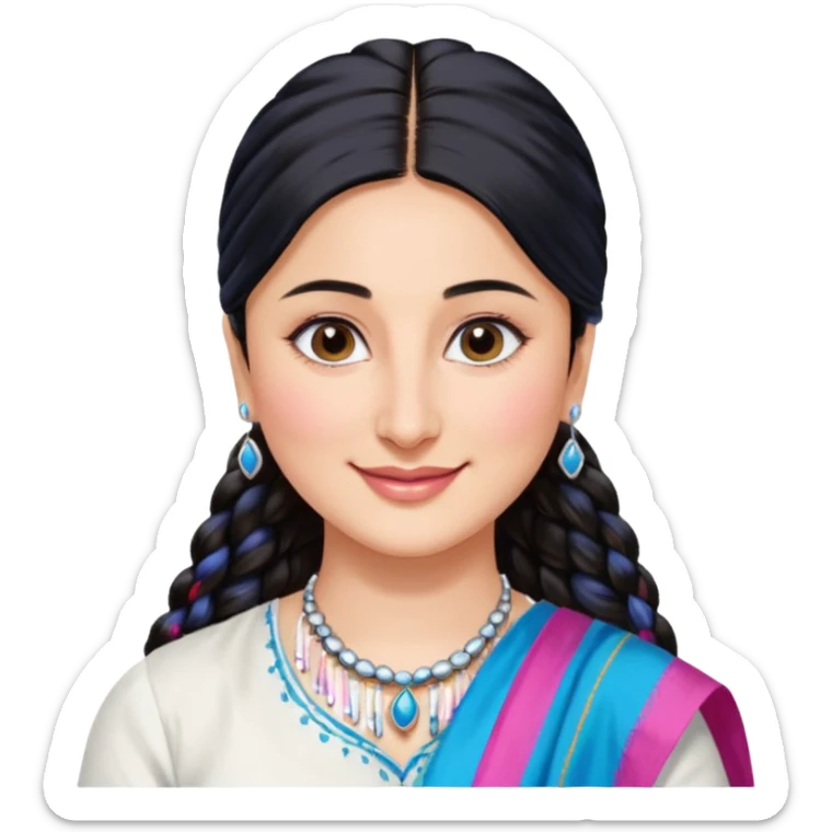 generate a pretty bratz emoji that looks like Kareena Kapoor's Geet character. 
Make her wear a white shirt with a colorful blue-pink dupatta wrapped around her neck. smiling big. Black hair tied into a side part ponytail, silver hoops and no necklace

She should look exactly  like Kareena Kapoor sticker