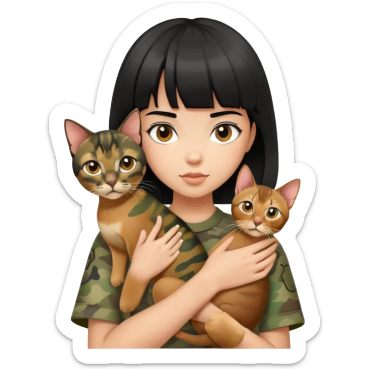 A girl with short hair and bangs is wearing camouflage short sleeves and holding an Abyssinian cat sticker