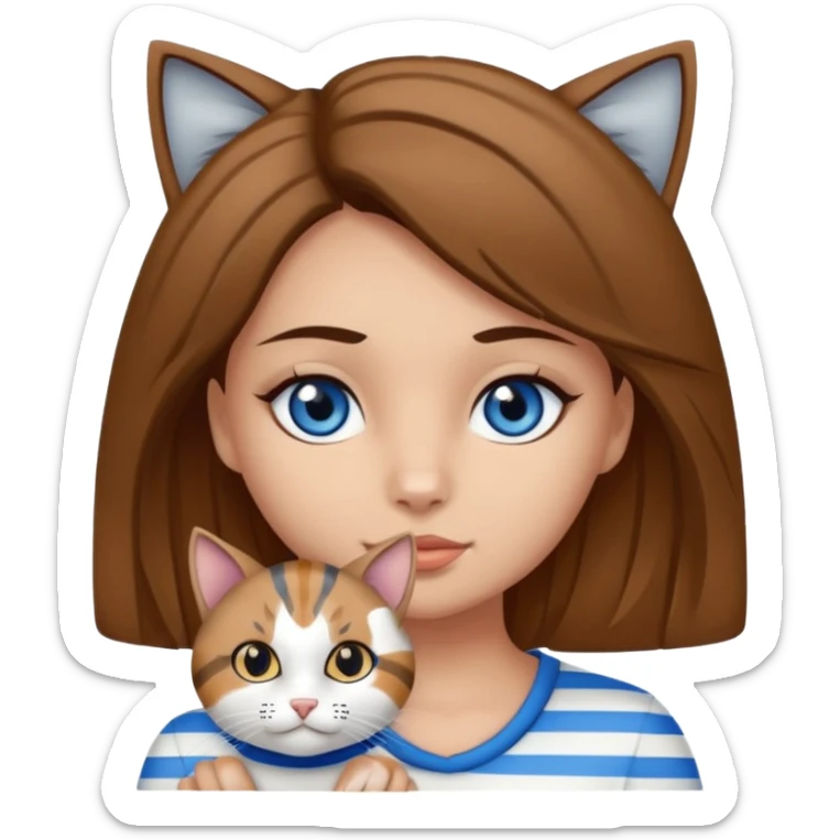 Haz un emoji de una chica con piel clara, ojos marrones, cabello castaño, rizado, cargando a un gato blanco con rayas negras y grises con ojos azules  sticker