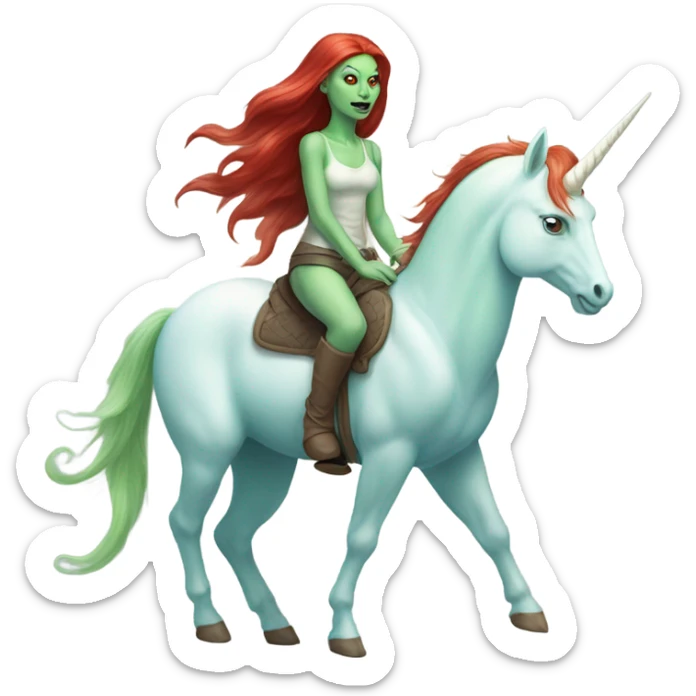 [politically incorrect
	{ woman: alien, color: light green, hair:red, eyes:cat} ]
	on a 
	[{ unicorn: white, legged:four, mane: light blue }] sticker