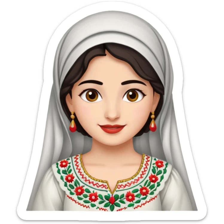 Palestinian girl cheerful wearing traditional embroidered dress, subtle background sticker