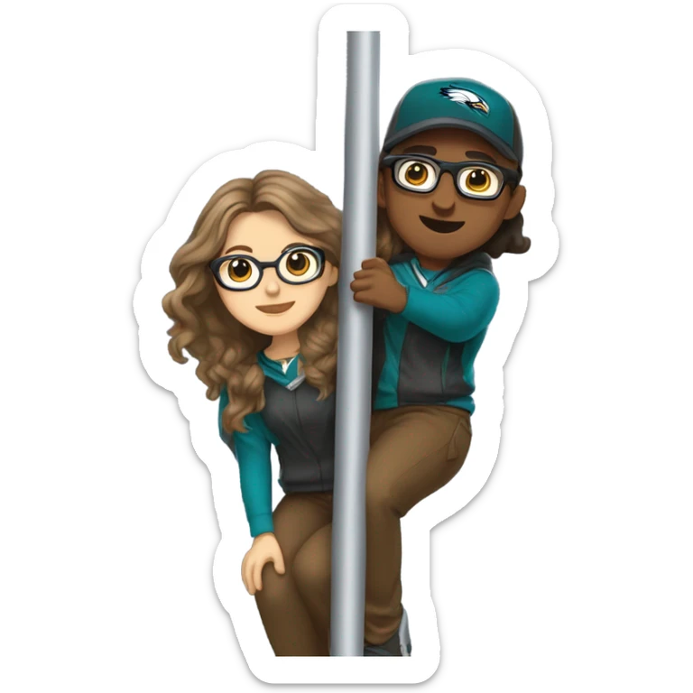female with long brown hair and glasses and male with light skin and light brown hair who are both eagles fan climbing up a pole sticker