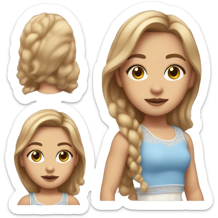 Girl with light brown hair with blond tips, hazel eyes, blue-pink crop top, white skirt sticker