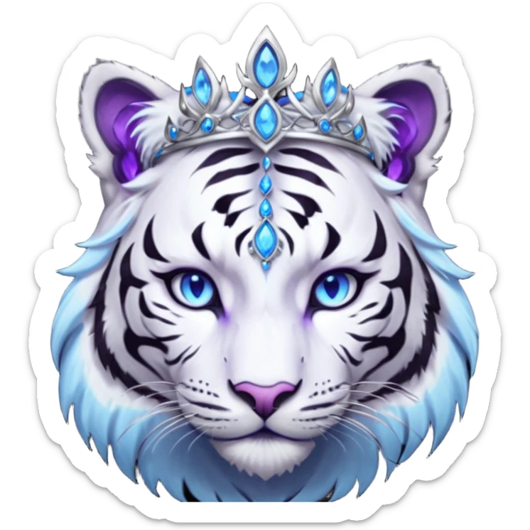 ESO Female white/black tiger khajiit leader of the umbral rose, glowing blue eyes, glowing blue 'third eye' gem; beautiful purple gemmed silver tiara sticker