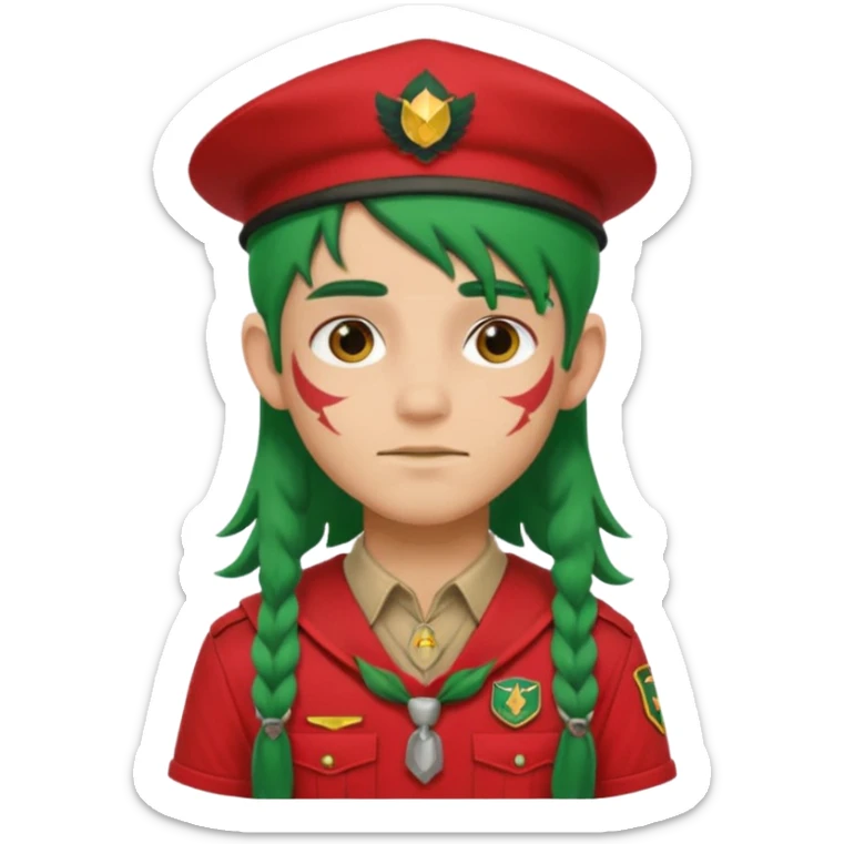 scout boy long hair face tatooes green haired, wearing red uniform with hat sticker