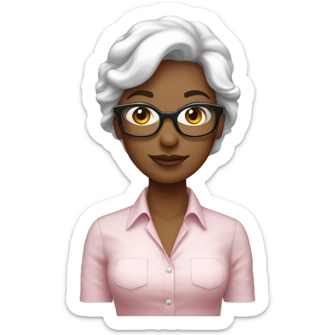 Femme blanche, brune, cheveux longs bouclés, lunettes rose pâle chemise blanche sticker