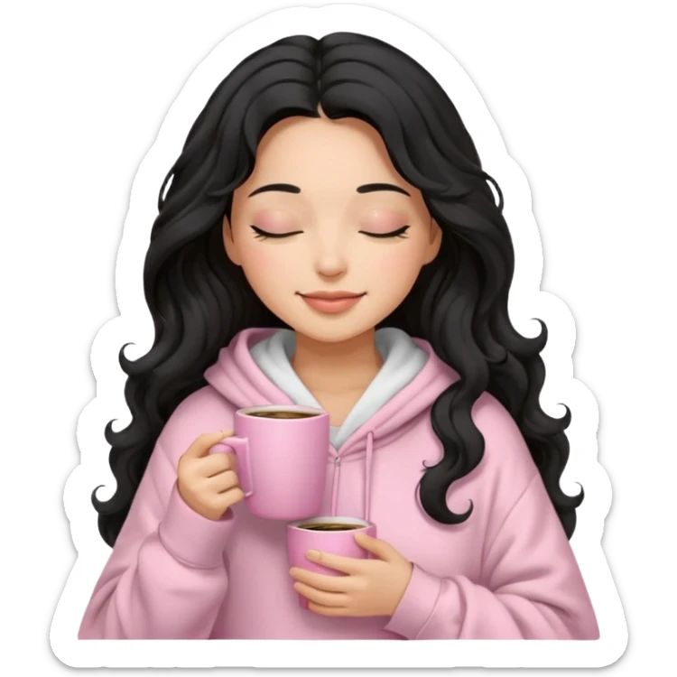 hispanic woman, black long wavy hair , closed eyes, feminine face, holding soft pink coffee cup wearing white Hoodie with pink blanket over shoulders sticker