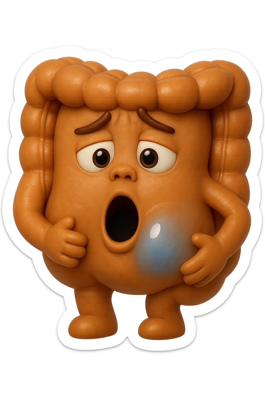 emoji stile iphone di un intestino che ingoia una nuvoletta di aria ben visibile e gli si gonfia la pancia, iperrealistico 4k sticker